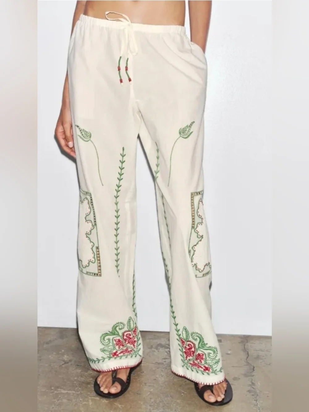 Zara ZW Collection Embroidered Floral Patchwork Cotton Pant - Picture 8 of 10